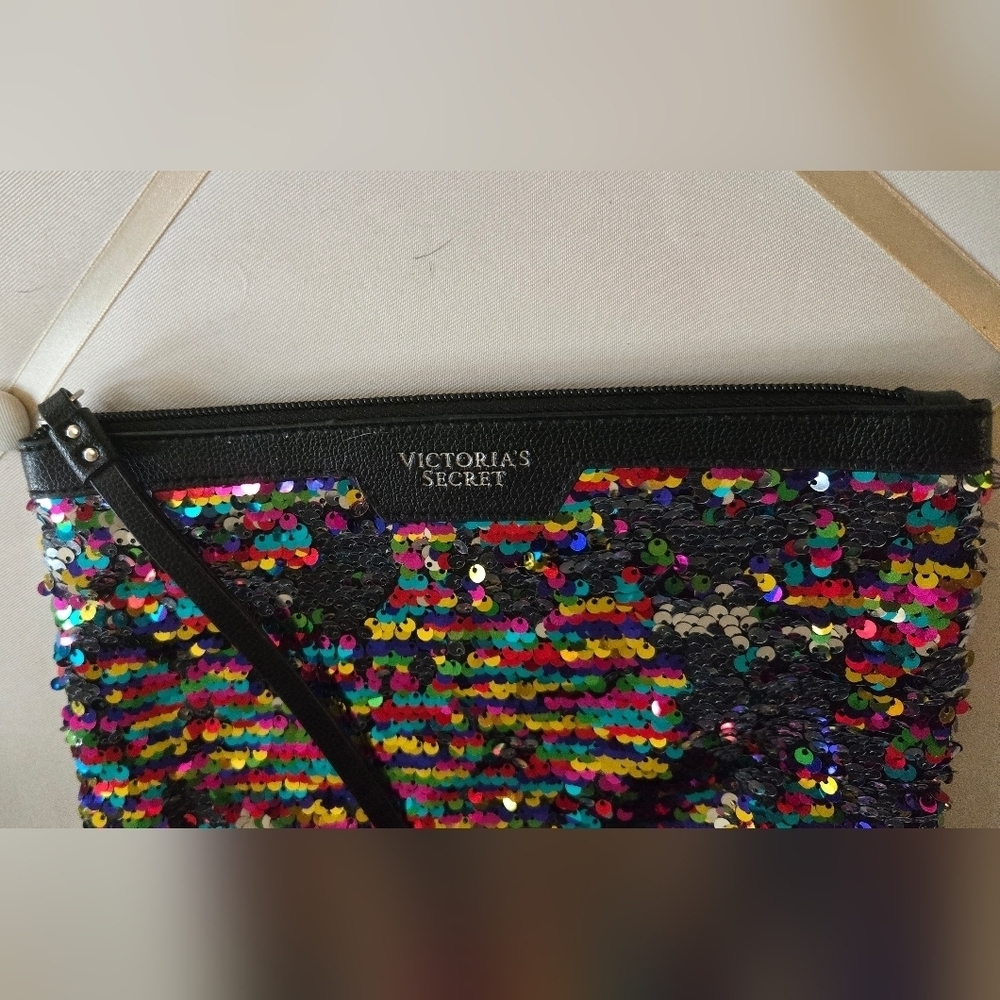 3/$20 Victoria Secret Black Multicolor Sequin Pouch Make Up Bag - Picture 4 of 5